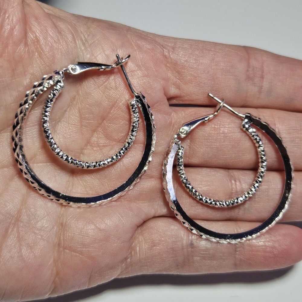 Silver Tone Sparkly Double Hoop Earrings